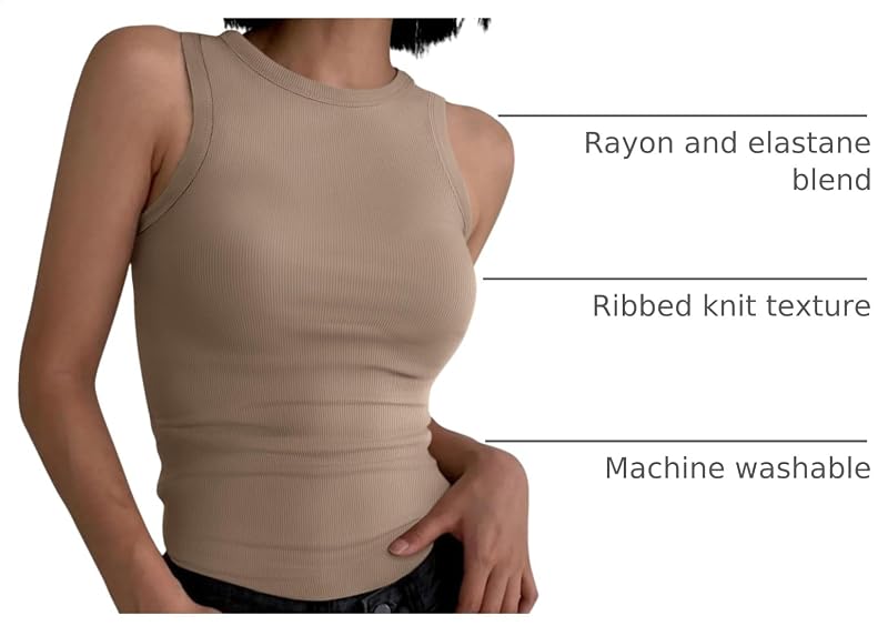 ANRABESS High Neck Ribbed Tank Top for Women - Light Coffee+Medium