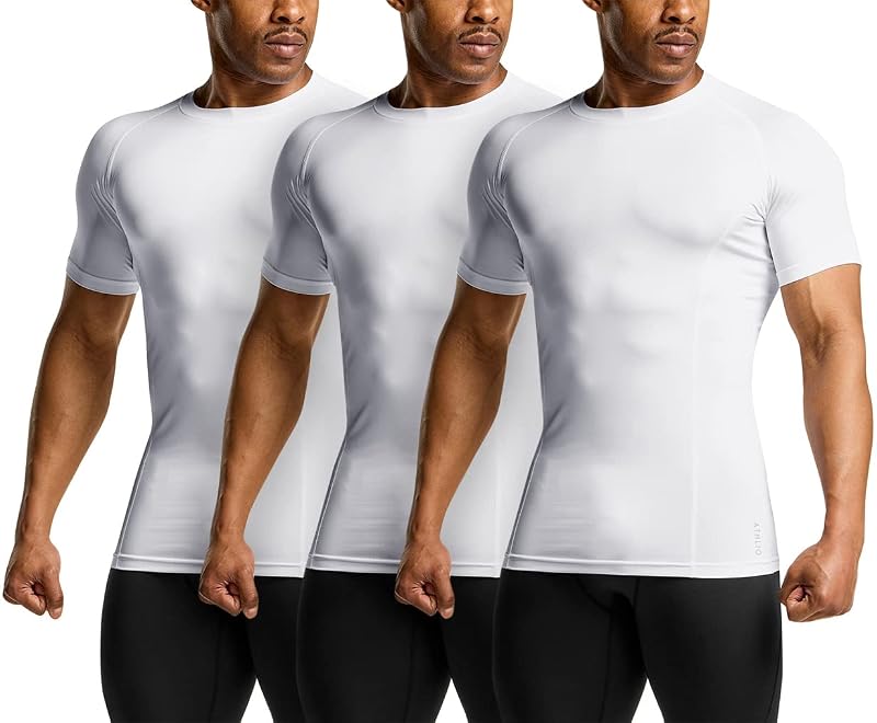 Athlio 3-Pack Men’s Cool Dry Short Sleeve Compression Shirts - Baselayer Athletic Tops, White, Medium