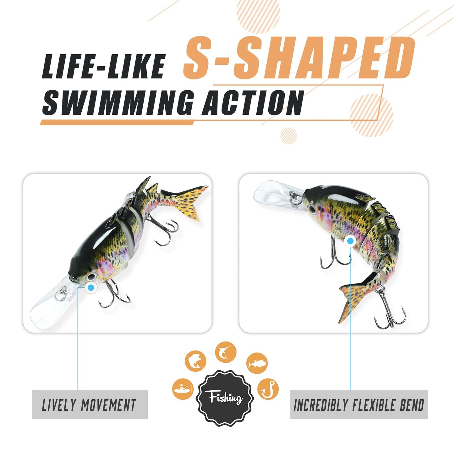 TRUSCEND Easy Catch SwimMax with BKK Hooks, Magic Noisy Wiggling and Vibrating Actions for More Bites, Lifelike Fishing Lures for Bass Trout Walleye Crappie, Strongest Dyneema Fiber Jointed Swimbaits