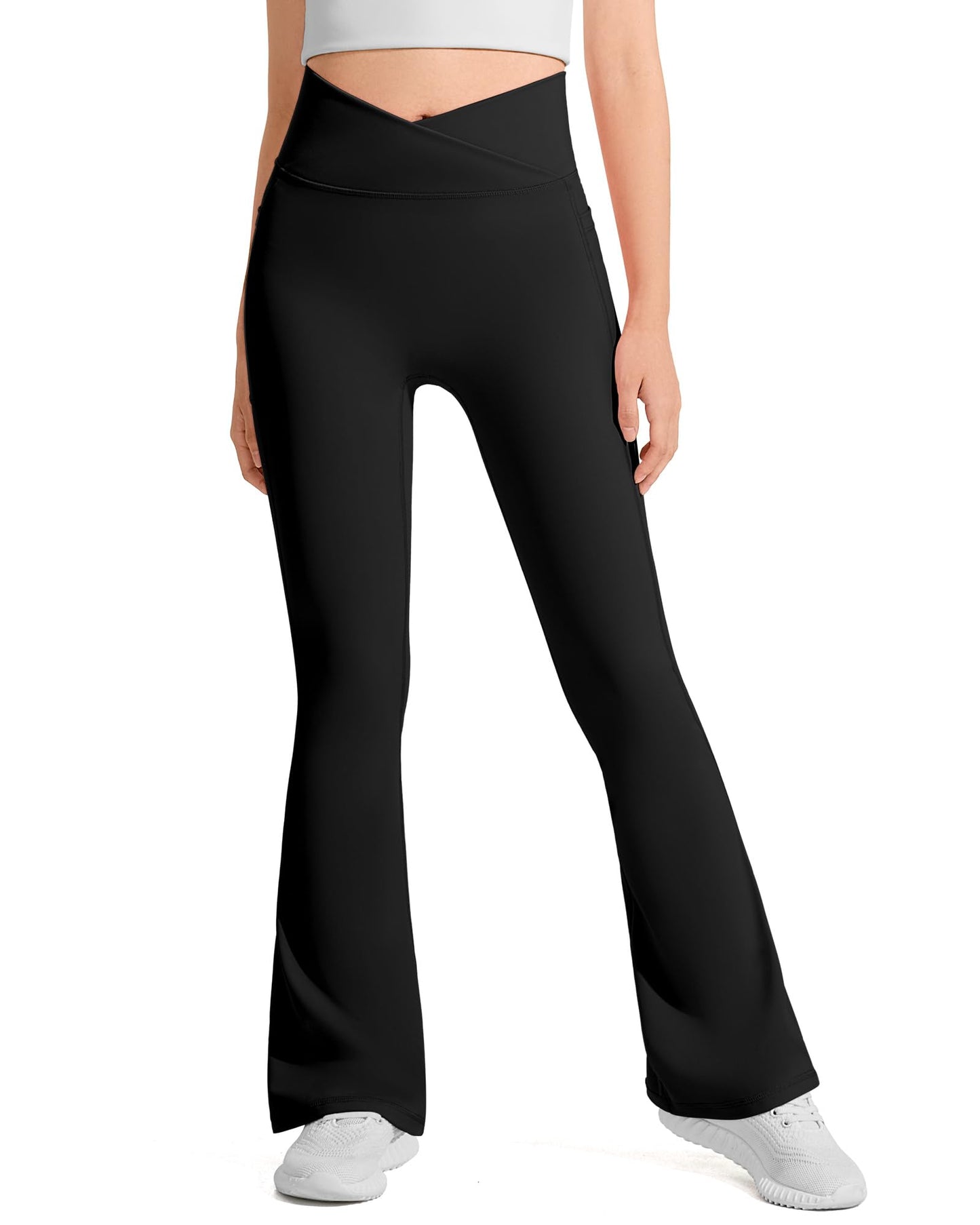 JOCMIC Girls Flare Leggings Kids Bell Bottom Pants Cross High Waisted Dance Yoga Flared Leggings Black 11-12 Years