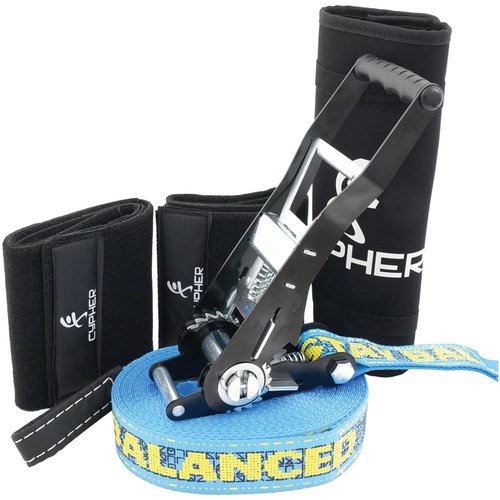 Cypher Slackline Trickster Kit, 2 Inch Wide Webbing, 49ft / 15m Length with Ergonomic Retchet, Tree Protection and Padded Ratchet Covers