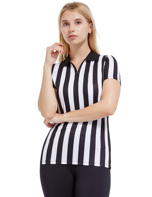 FitsT4 Sports Women's Official Black & White Stripe Referee Shirt Pro Uniform Jersey Short Sleeve Waitresses Costume,Large