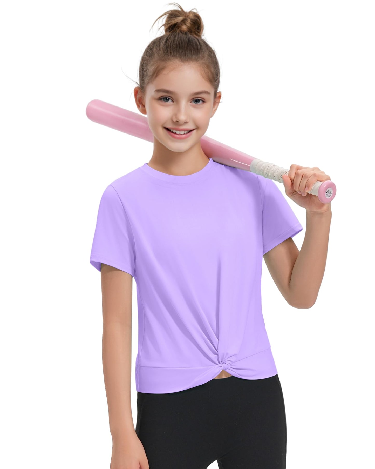 KEREDA Girls Athletic Shirts Tie Front Tops Summer Short Sleeve Quick Dry Active Tees T-Shirts for Kids Teens Purple 7-8 Years