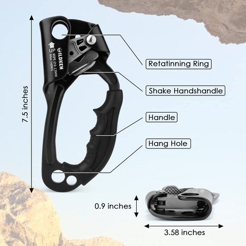 WILDKEN Climbing Hand Ascender Outdoor Mountaineering Tree Arborist Climbing Rappelling Equip Hand Ascender for 8-13MM Rope Left Right Hand Ascender