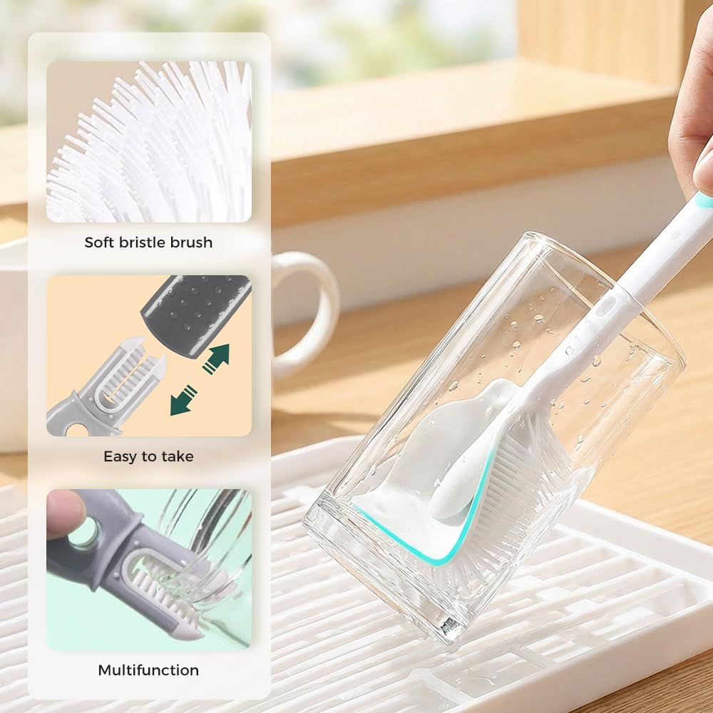Water Bottle Cleaner Brush Compatible, 360° Flexible Silicone Bottle Brush with Long Handle,3 in 1 Brush Cleaner Kit for Narrow Neck Water Baby Bottles, Flasks Soft Bottle Brush (Grey, 1Pcs)