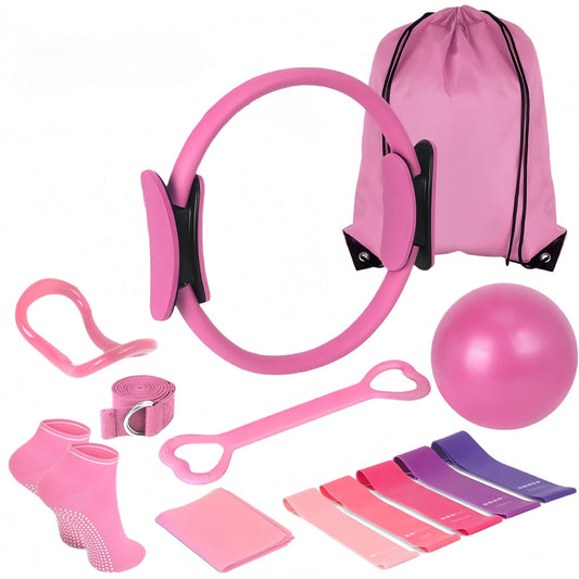 13Pcs Pilates Kit, Pilates Essentials Kit for Women, Booty Bands for Working Out Glutes Yoga Ball 25cm Figure 8 Resistance Band Yoga Bands for Stretching (Pink)