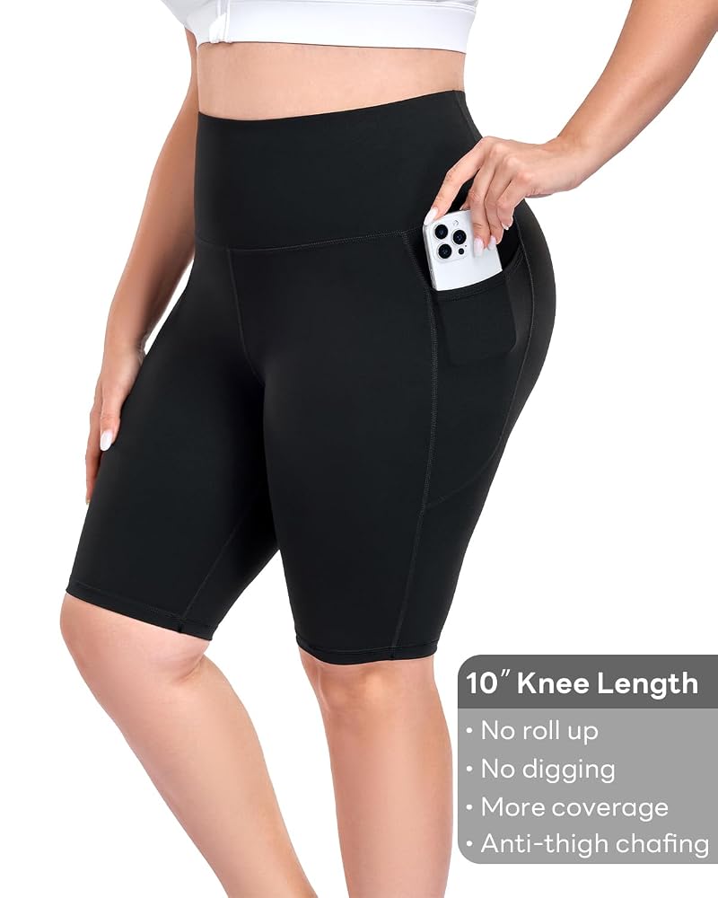 Plus Size 10" Biker Shorts for Women with Pockets - High Waist, 6XL, Black (Variation: Black+XX-Large Plus+10 Inch)