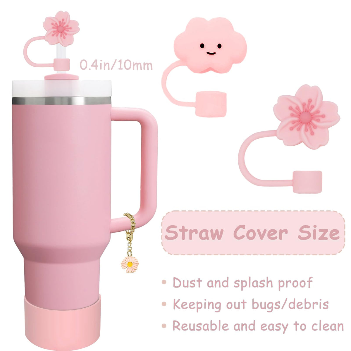 Stanley Cup Accessories Set,Including 2 Pcs 0.4in Straw Cover, 1 Silicone Spill-Proof Stopper Set of 3, 1 Cute Flowers Handle Charm, 1 Silicone Boot Fits Stanley 40&30 Oz Tumbler (Pink 2.0)