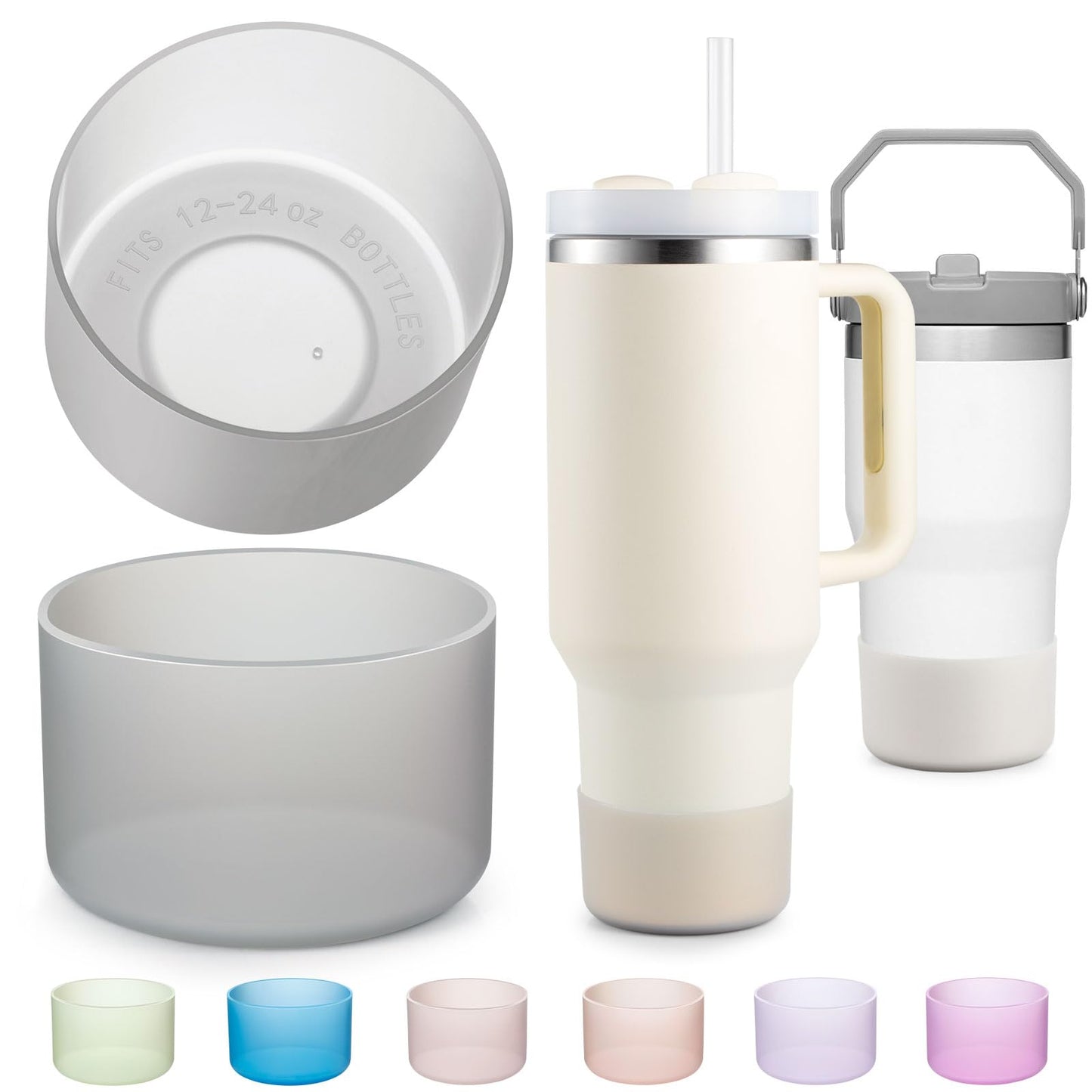2-Pack Silicone Boot for 40 30 20 OZ Stanley Cup Accessories, Clear Gray Sleeve Cover for Stanley 20OZ 30OZ Tumbler Ice-Flow 16OZ Bottle, Boots for Yeti Cups Protector Bottom Bumper, Anti-Slip