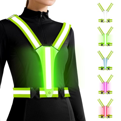 LED Reflective Vest Running Gear, 5 Lights Colors, 3 Modes, Adjustable for Running, Cycling, Walking - Led Running Vest for Men, Women, Kids(Green)