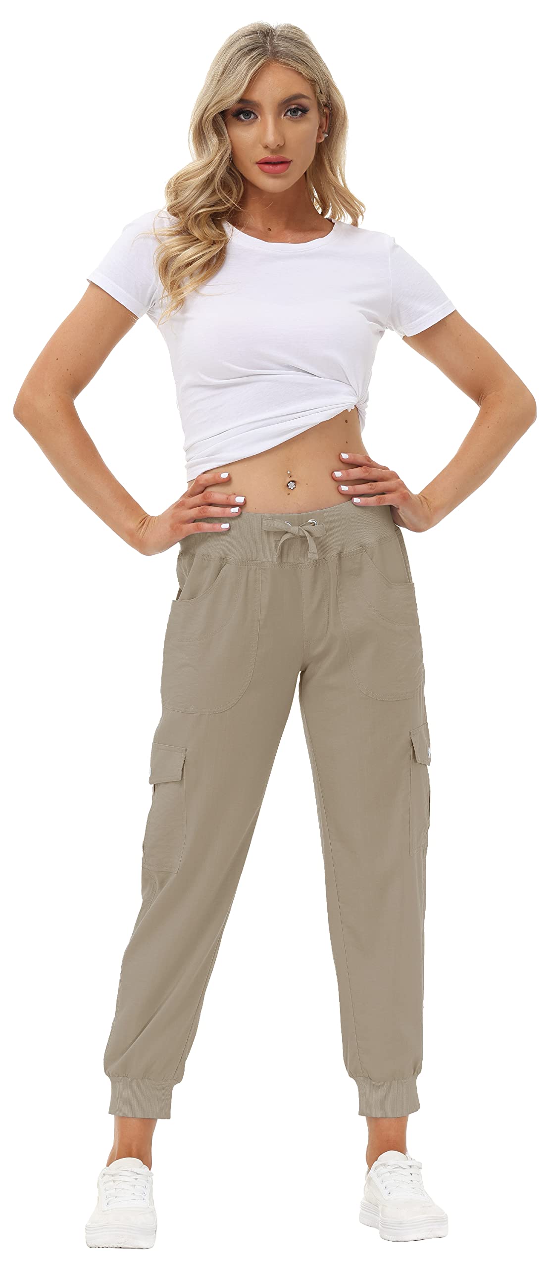 MoFiz Women's Cargo Pants Hiking Joggers Summer Lightweight Quick Dry Athletic Outdoor Sports Sweatpants Travel Casual Button Pockets Khaki 2XL