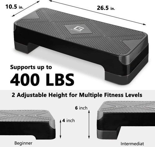GYMMAGE Adjustable Workout Aerobic Stepper, Aerobic Exercise Step Platform with 2 Risers, Exercise Step Deck for Fitness, 26.5" Trainer Stepper with Non-Slip Surface Home Gym & Extra Risers Options