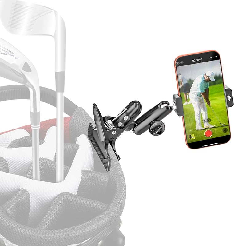All-Metal Golf Bag Phone Holder – 360° Adjustable, Secure Clip