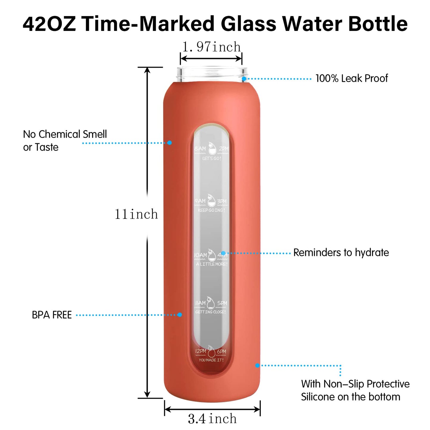 Sursip 32 oz Glass Water Bottle, Time Marker with Silicone Sleeve & Lid