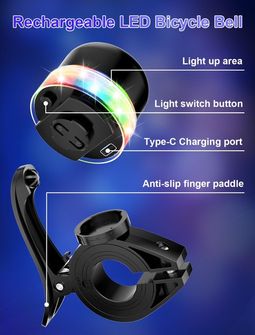 Bike Bell for Kids & Adults, Light up Bike Accessories Adjustable with Ferrules Fit for 0.74-1.25in(19-31.8mm) Bicycle Handlebars, Aluminum Made & Crisp Sound for Mountain Dirt Road Bike Ebike(Black)