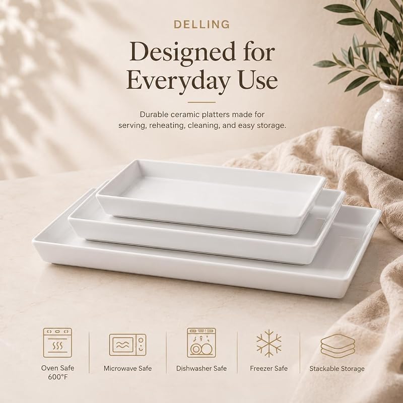 Large Rectangular Serving Platter Set of 3 – 16, 14 & 12 Inch Porcelain Trays, White