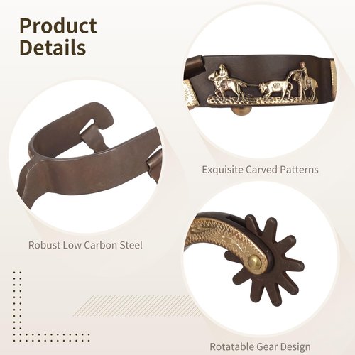 Lnrueg 2 Pcs Western Spurs, Cowboy Boot Spurs with Turnable Gear, Antique Copper and Brass Design with Engraved Trims, Retro Low Carbon Steel Horse Spurs (Black)