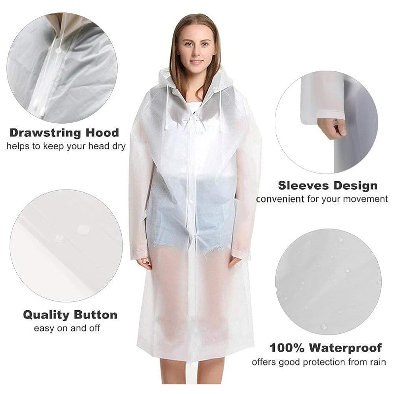Rain Ponchos for Adults Reusable 2-5 Pack with Hood - Waterproof Rain Coat for Men Women, White (Variation: White X5+One Size)