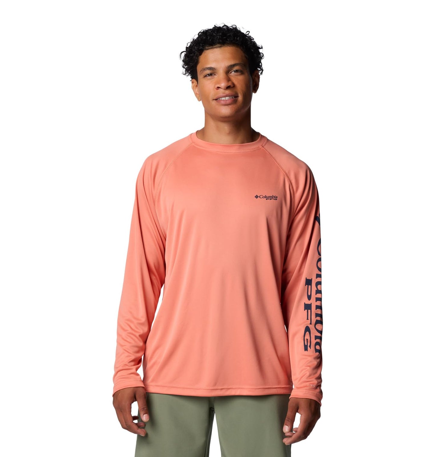 Columbia Men's Terminal Tackle Long Sleeve Shirt, Faded Peach/Collegiate Navy Logo, 3X Big