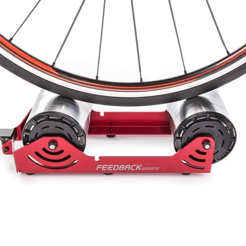 FEEDBACK SPORTS | Omnium Over-Drive Light Weight Portable Bike Trainer with Travel Bag | Adjustable Wheelbase and Fork Mount | Road, Gravel, Mountain Bike Compatible | Red