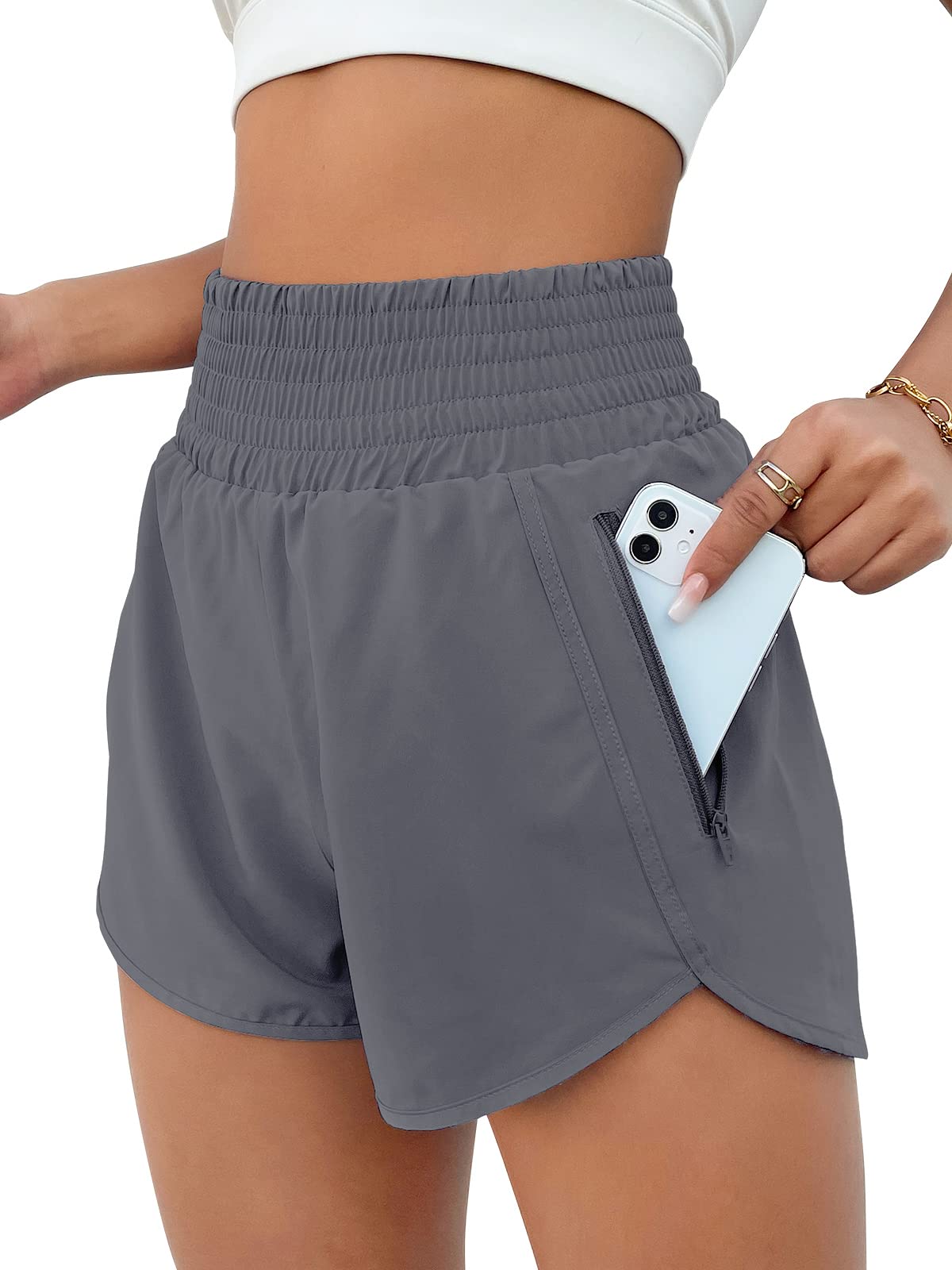 BMJL Women's Athletic Shorts High Waisted Running Short Pocket 2.5" Sporty Shorts Gym Elastic Workout Shorts(L,Flower Grey)