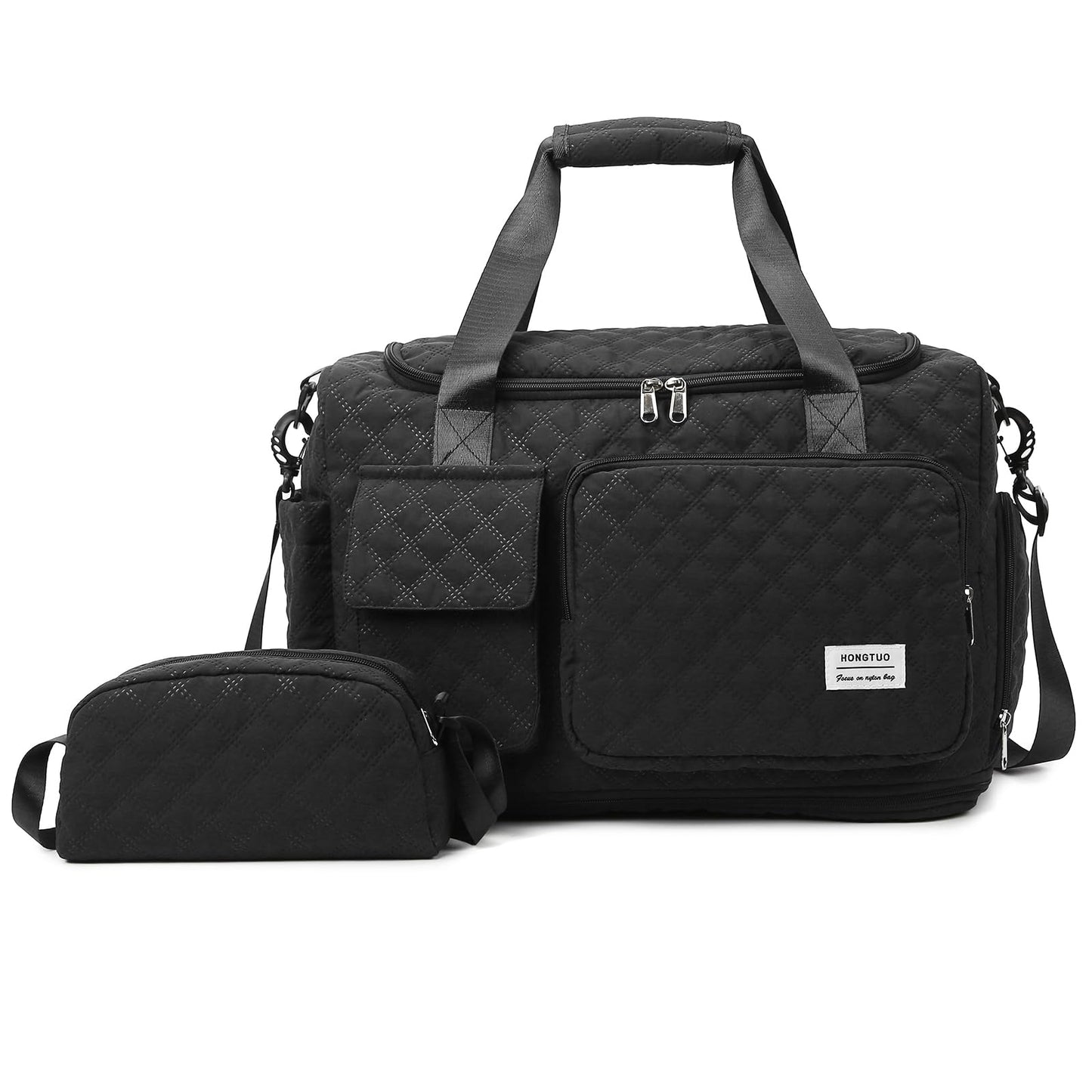 Black Weekender Travel Bag for Women with Shoe Compartment, Waterproof Extendable Travel Duffle Bag, Overnight Gym Tote Bag, Carry On Bag with Toiletry Bag