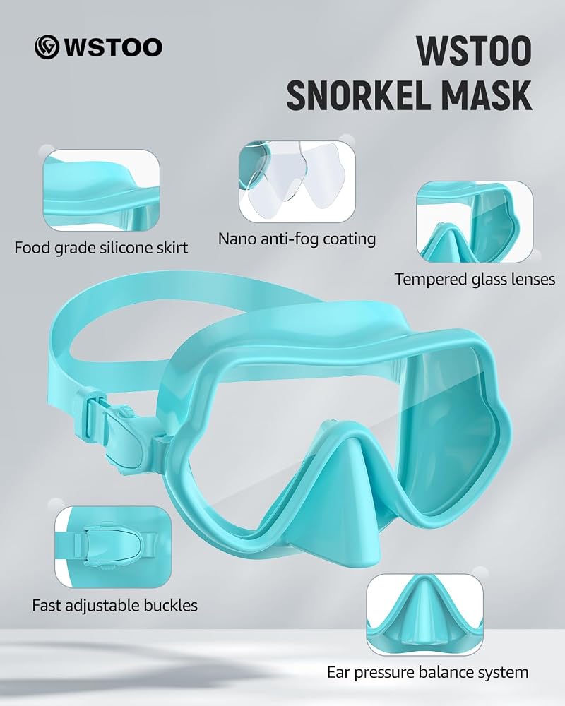 WSTOO Frameless Tempered Glass Swim Goggles with Nose Cover - 1 Pack Lake Blue (Unisex)