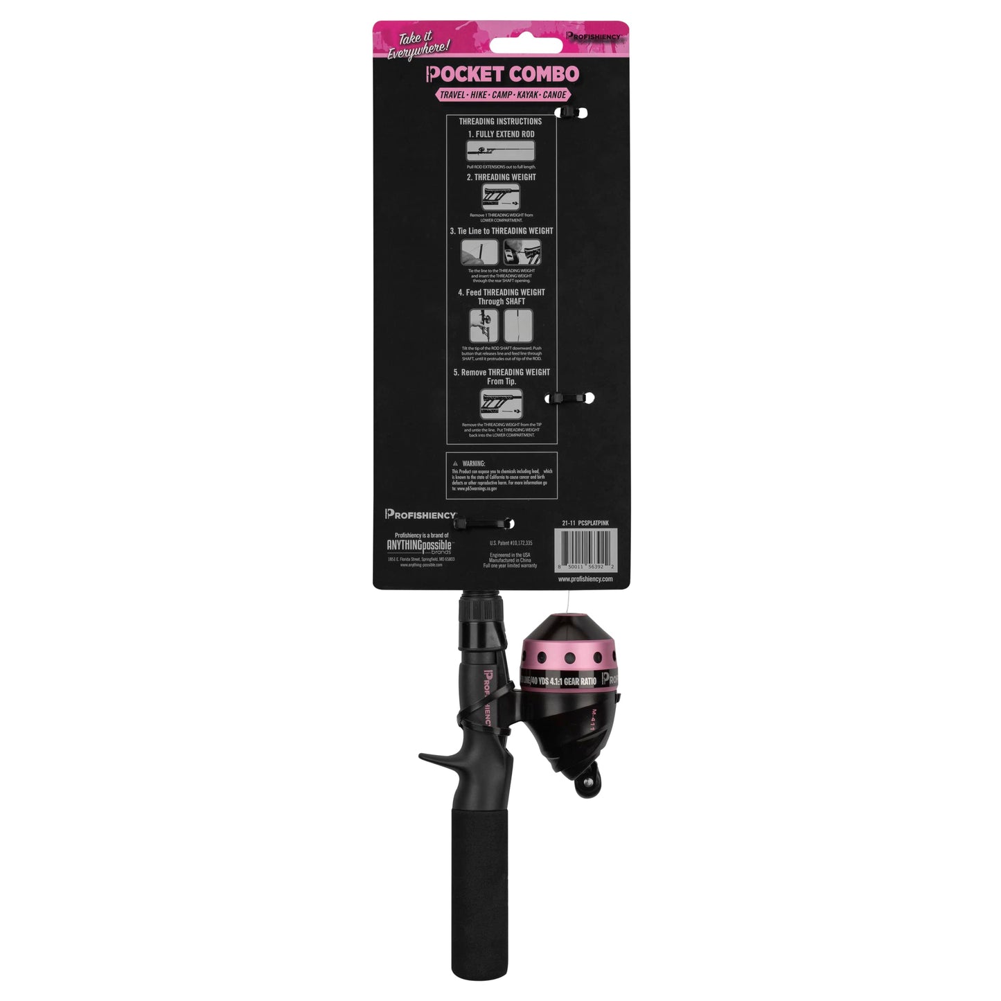 ProFISHiency Pink Splat Pocket Combo | 30” Light Action Tangle-Free Telescopic Fiberglass Rod | Micro Spincast Reel w/ 4.1:1 Gear Ratio | Pre-Spooled w/ 6lb Line