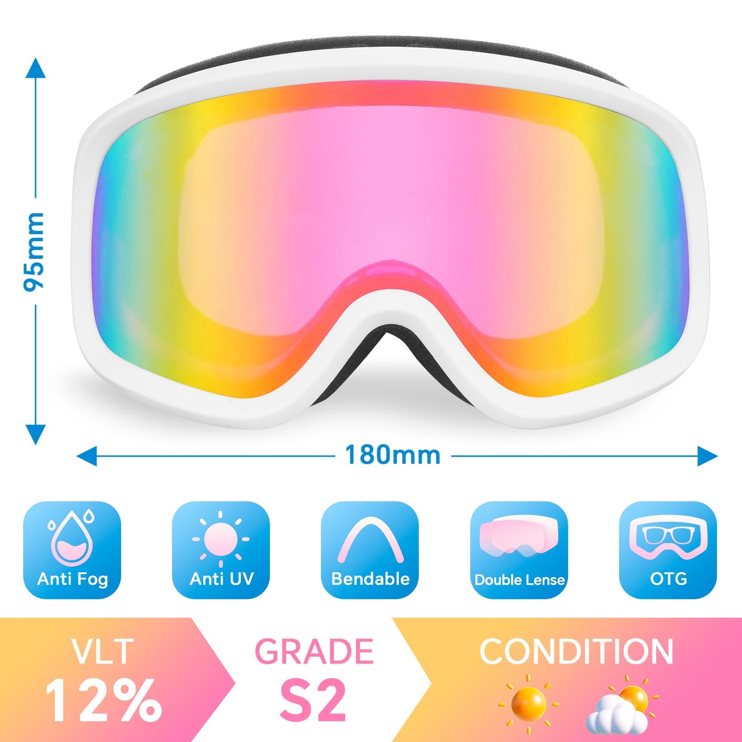 Keary OTG Ski Snow Goggles for Men Women Adults Youth Anti-fog 100%UV Protection Skiing Winter Snow Sports Goggles over Glasses Compatible With Helmet, Pink Snowmobile Goggle for Adult Snowboard Gear