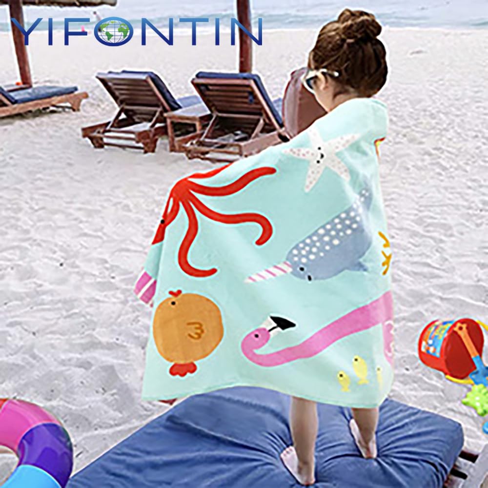 YIFONTIN Beach Towel for Kids Velour Terry Blanket Throw 100% Cotton 25.5X51 inches for Swimming Bath Travel Camping and Picnic, Flamingo Lobster Octopus.