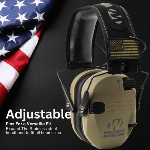 Walker's Razor Slim Electronic Muff (FDE Patriot Version) Bundle Razor Walkie Talkie Attachment, Crosshair Sport Shooting Glasses (Clear), and Microfiber Cleaning Cloth (4 Items)