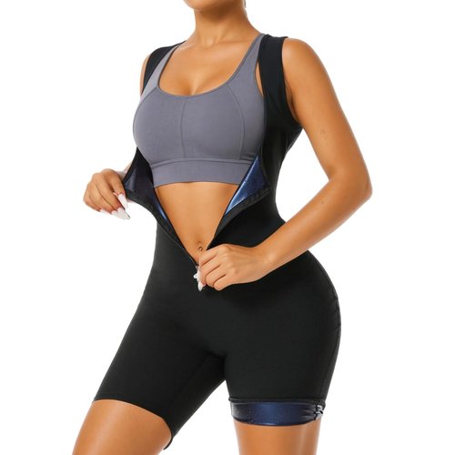 Chewtoyo Women's Sweat Enhancing Sauna Suit, Waist Trainer Vest, Zippered Jumpsuit with Elastic Breathable Fabric, Size L