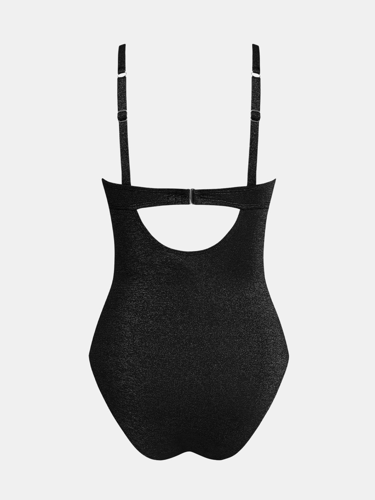 CUPSHE Women's Tummy Control One Piece Swimsuit V Neck Shimmer Bathing Suit, M Black