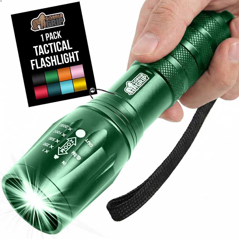 GORILLA GRIP Powerful LED Tactical Flashlight, 750 FT High Lumens 5 Adjustable Modes, Water Resistant, Ultra Bright Zoom Flashlights, Small Mini Flash Light, Camping, Night Dog Walking, Green