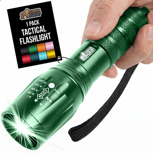 GORILLA GRIP Powerful LED Tactical Flashlight, 750 FT High Lumens 5 Adjustable Modes, Water Resistant, Ultra Bright Zoom Flashlights, Small Mini Flash Light, Camping, Night Dog Walking, Green