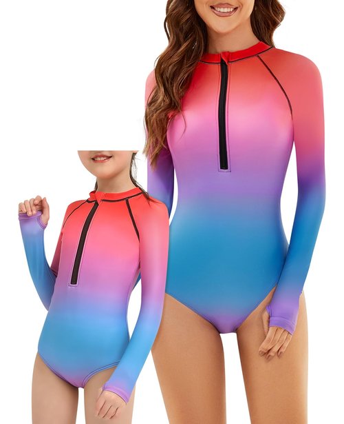 Women and Girls Long Sleeve Swimsuits: Girls 9 11 Years One Piece Bathing Suit UV UPF 50+ Sun Protection Rash Guard Zipper Surfing Swimsuit