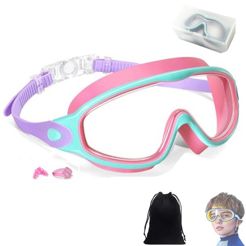 ronsalo Kiggles Goggles, Kiggles Safe and Smart Swim Goggles for Kids, Protective Eyewear HD Large Frame Waterproof (Pink green)