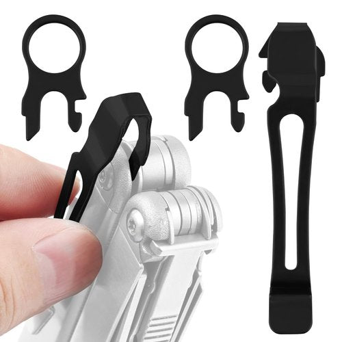 [2-Pack] 2 Black Quick Release Pocket Clips + 2 Black Lanyard Rings Compatible With Leatherman Wave & Charge MultiTools - Stainless Steel Pocket Clip Won't Bend Or Snap - Install Or Replace In Seconds