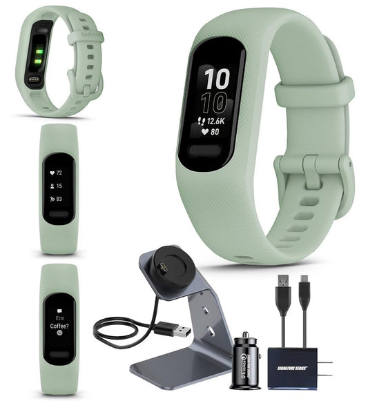 Garmin vivosmart 5 Fitness Tracker, Long-Lasting Battery, Wrist Heart Rate, Sleep Tracking, Smart Notifications, Compatible with Phone GPS, Mint, Signature Series Charger Bundle