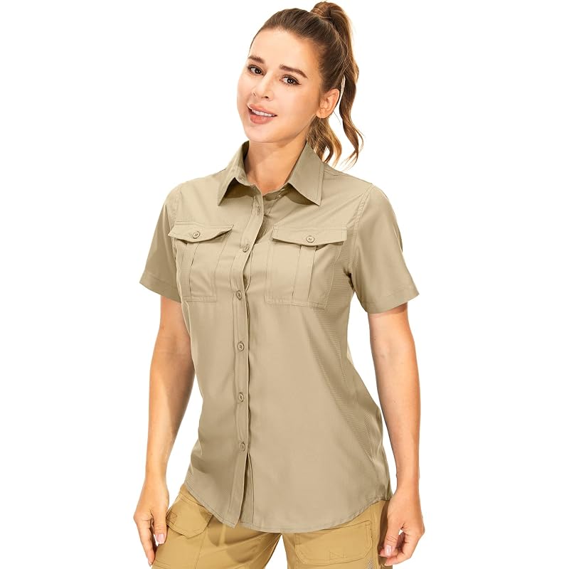 Women's UPF 50+ Quick Dry Button-Down Shirt with Short Sleeves Khaki Medium — Outdoor Sun Protection
