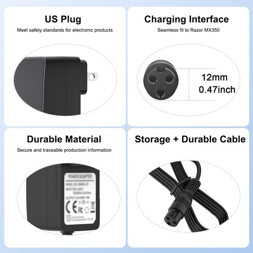 Charger for Razor MX350, Dirt Bike, Quad, E300, E100, Moped, 4 Wheeler, Pocket Rocket, Sports Mod Electric Scooter, 24V Motorcycle Cargador, 6.5 FT Adapter Cable, LED Indicator