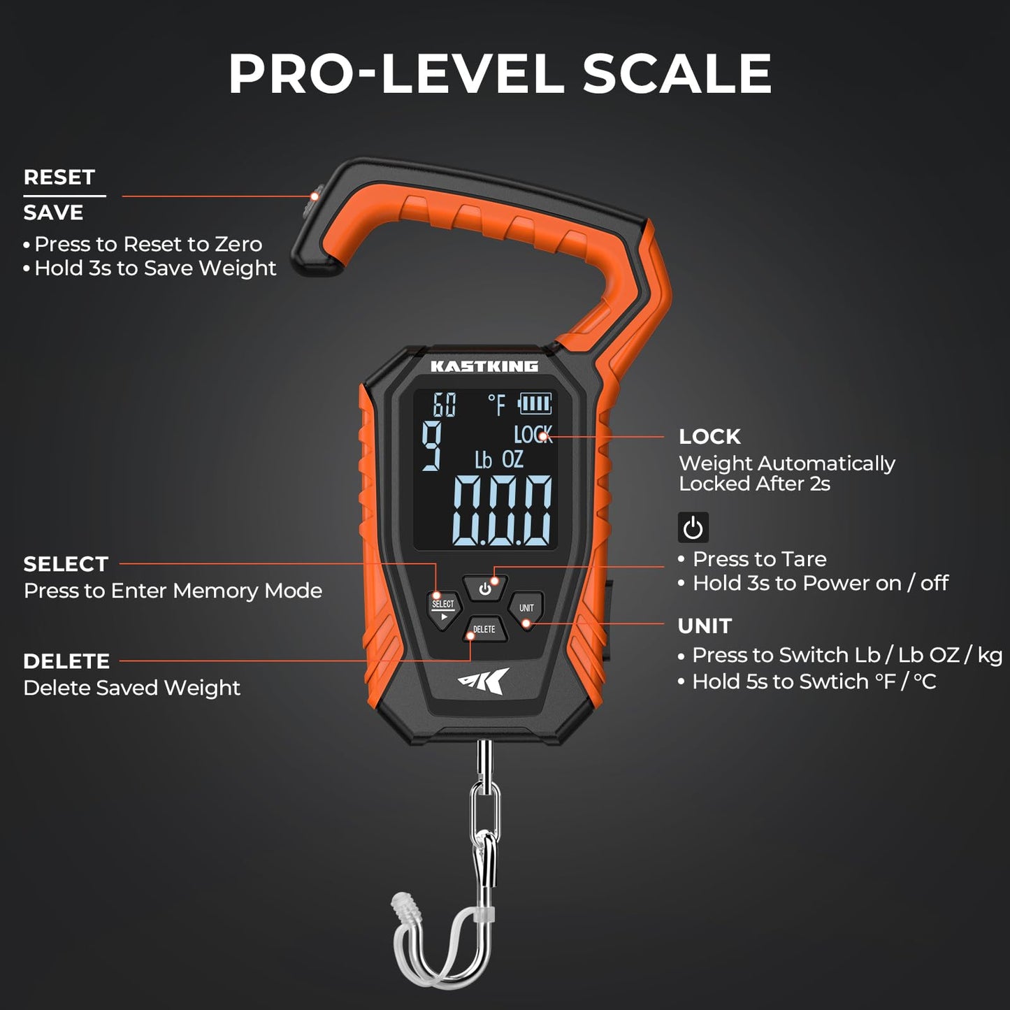 KastKing Weighmaster Mechanical-Digital Fishing Scale, 120 lb Capacity, 2.5" Backlit Display, High-Precision Sensor, 9 Weight Memory, Temperature Detection, IPX6 Waterproof, Fishing Gifts