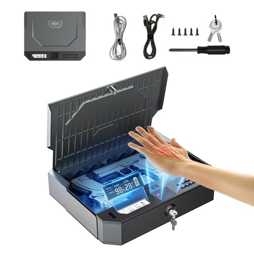 XEGIS SAFE World's 1st Palm Vein Biometric Gun Safe [0.09s Smart Unlock] [10X Military Anti-Pry/Drop] Handgun Pistol Safe with Keypad+Key Lock for Home Nightstand Bedside & Car - Space Grey