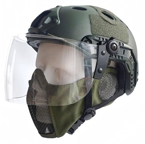 Tactical Airsoft PJ Type Fast Helmet with Face Shield Visor and Lower Guard Mesh Half Face Mask with Ear Cover (OD Green)