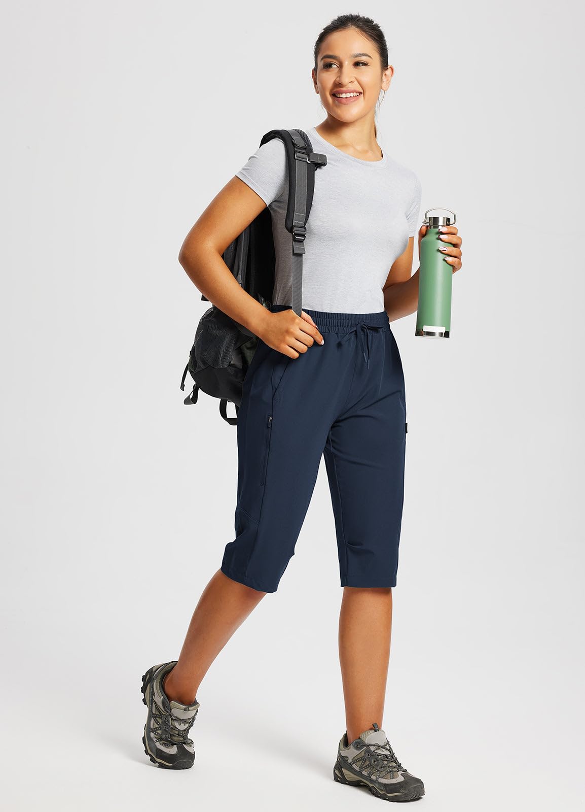 baleaf Women's Below Knee Hiking Shorts Quick Dry Lightweight Capris with Zipper Pockets UPF 50+ for Summer Travel Outdoor Dark Blue XL
