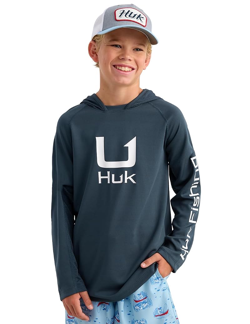 HUK Kids Icon Hoodie Fishing Shirt with Sun Protection — Sea Storm, Medium
