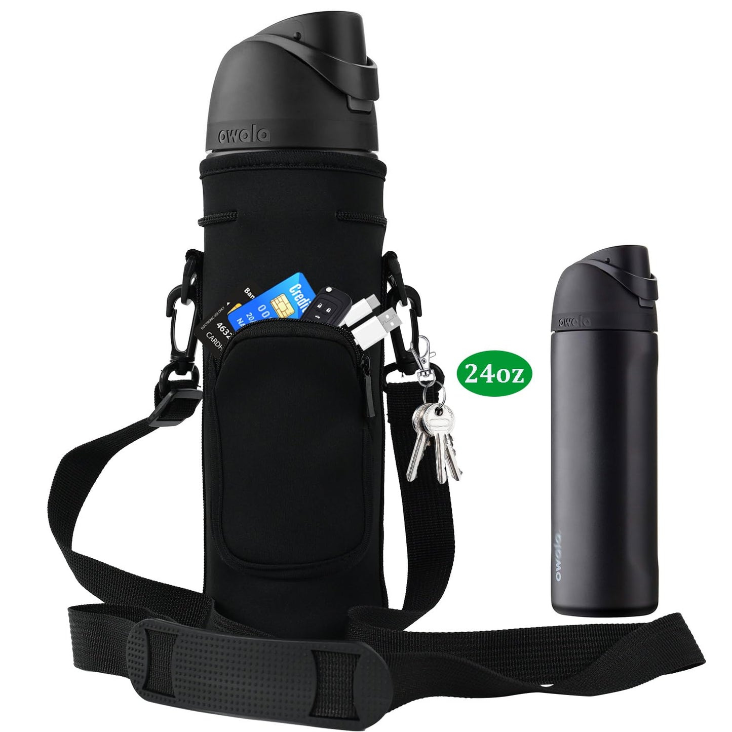 NUENSS-ROR Water Bottle Carrier Bag for Owala FreeSip Insulated Stainless Steel Water Bottle 16oz 24oz 32oz 40oz, WaterBottle Sleeve Holder, Adjustable Shoulder Strap & Pocket (Black, 24 Oz)