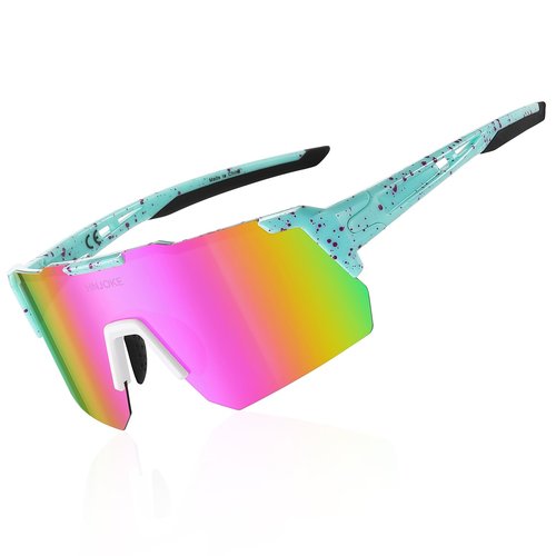 HNJOKE Sports Polarized Sunglasses, UV 400 Protection Sun glasses Women, Mens Sunglasses for Cycling Biking Running Hiking Golf Fishing, Light Blue&Pink