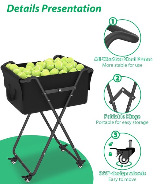 Ardier Foldable Tennis Ball Hopper Cart with Wheels, Portable Pickleball Holder Caddy Holds 175 Tennis Balls or 140 Pickleballs, Lightweight Baseball Basket Collector for Court Training & Coaching,B