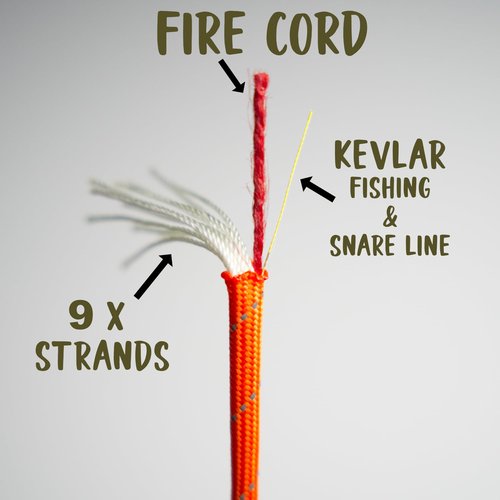 Bear Essentials 750LBS - Premium Reflective Survival Paracord - with Firecord & Kevlar Fishing/Snare Line Inside - High Tenacity Polyester Sheath - Reflective Orange - (100 FT Hank)